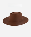 A dark oak colored boater hat on a plain background #color_dark oak