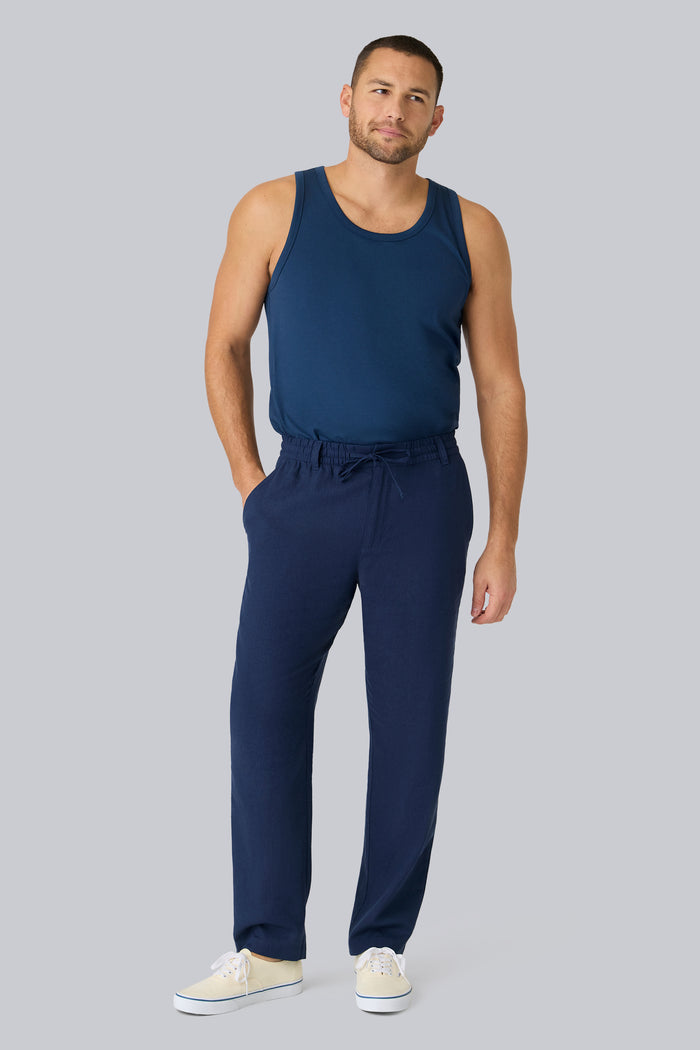 Full front view of a man wearing Linen Drawstring Pant in True Navy