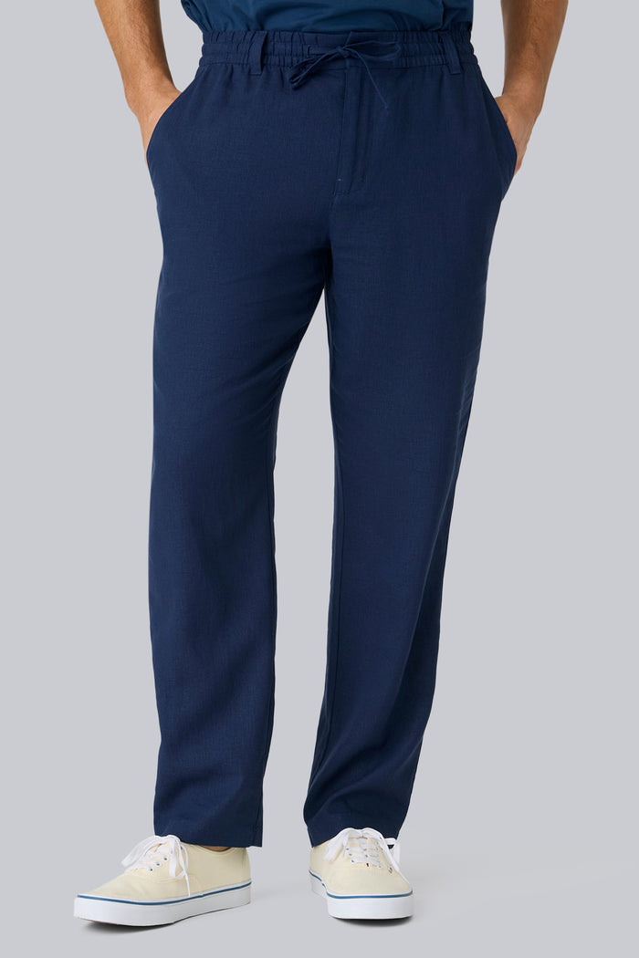 Front view of a man wearing Linen Drawstring Pant in True Navy