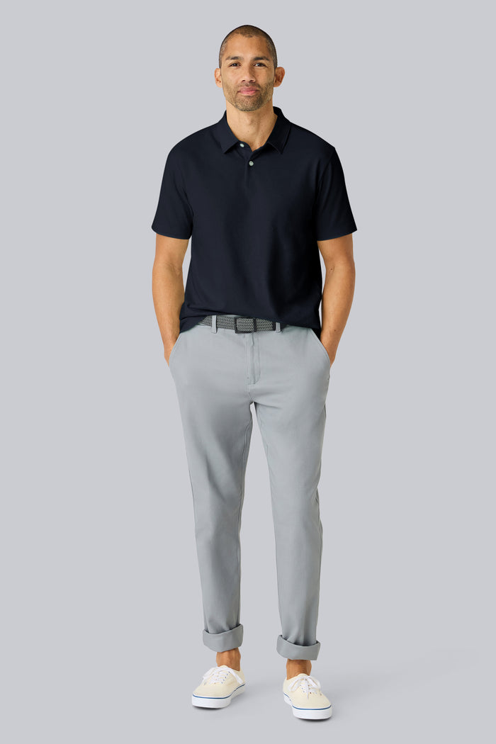 Full front view of a man wearing Linen Jersey Polo in Total Eclipse