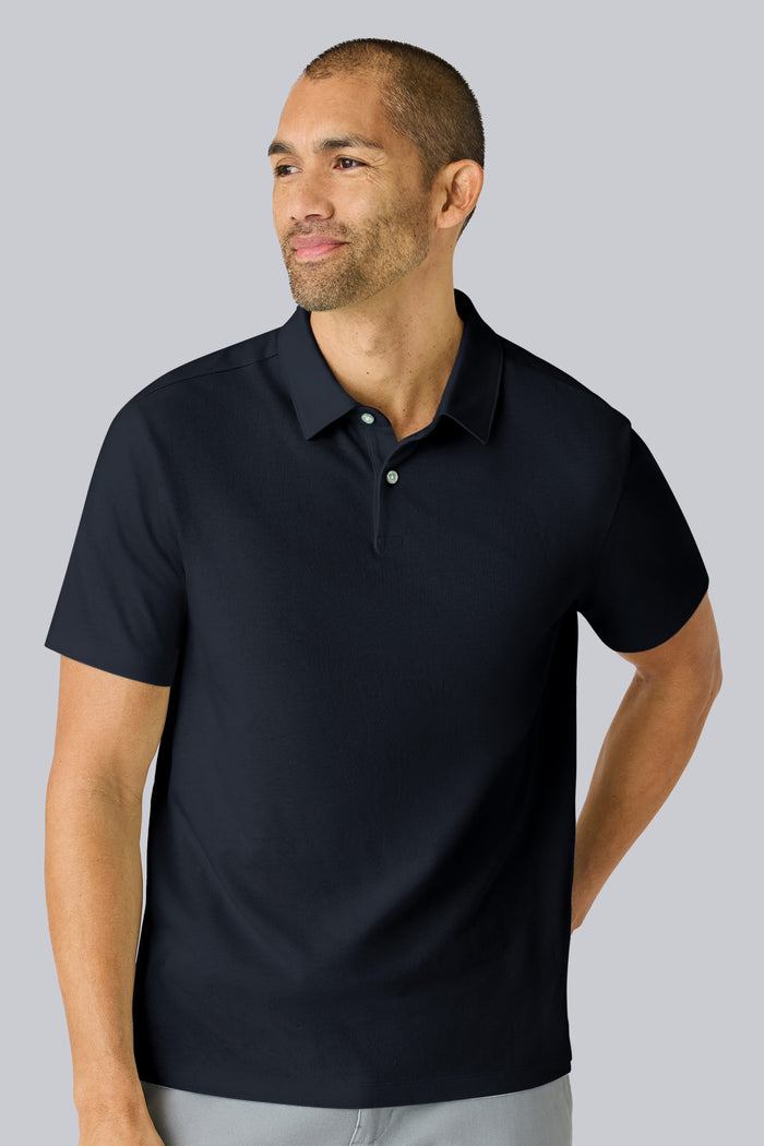 Front view of a man wearing Linen Jersey Polo in Total Eclipse