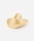 A natural colored straw cowboy hat with a wide brim against a lain background #color_natural