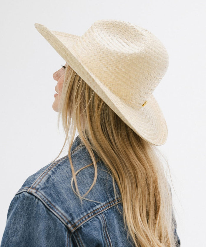 Woman wearing a natural colored straw cowboy hat and a denim shirt, facing sideways against a plain background  #color_natural