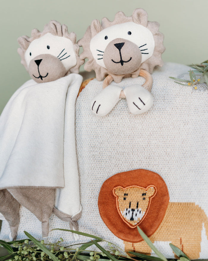 Lion - Organic Stuffed Animal Baby Ring Rattle with Viverano Lion Lovey toy and Safari Blanket