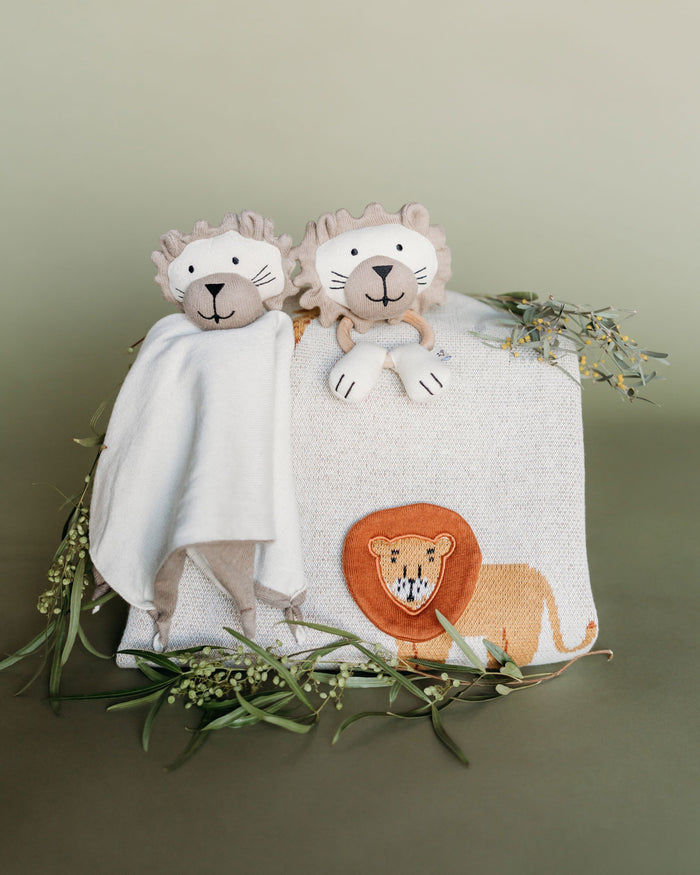 Lion - Organic Stuffed Animal Baby Ring Rattle with Viverano Lion Lovey toy and Safari Blanket