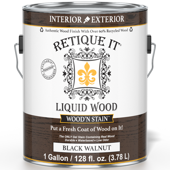 Retique It Liquid Wood Wood'n Stain in Black Walnut, 128 oz, showcasing the front view of the stain container with label details.