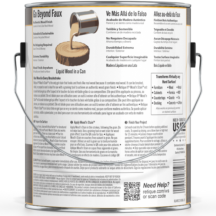 Liquid Wood Wood'n Stain in Black Walnut by Retique It, 128 oz container, showcasing the dark wood stain color and product label.