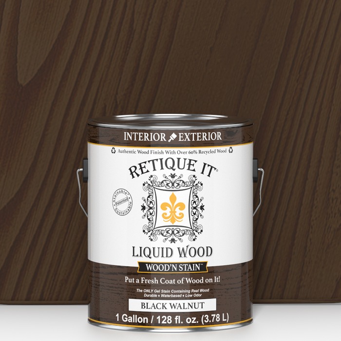 Retique It Liquid Wood Wood'n Stain in Black Walnut, 128 oz, showing the dark wood stain liquid in a clear container.