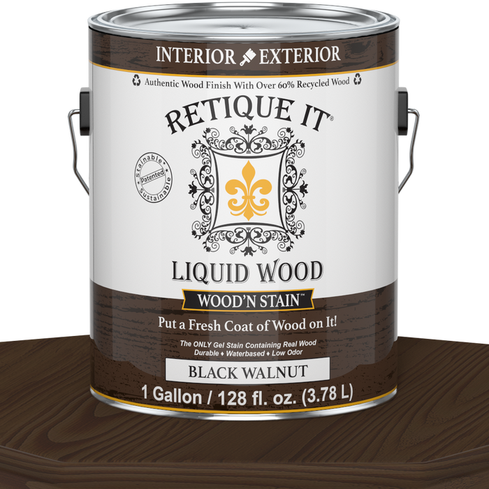 Retique It Liquid Wood Wood'n Stain in Black Walnut color, 128 oz bottle, showcasing the rich, dark stain for wood finishing.