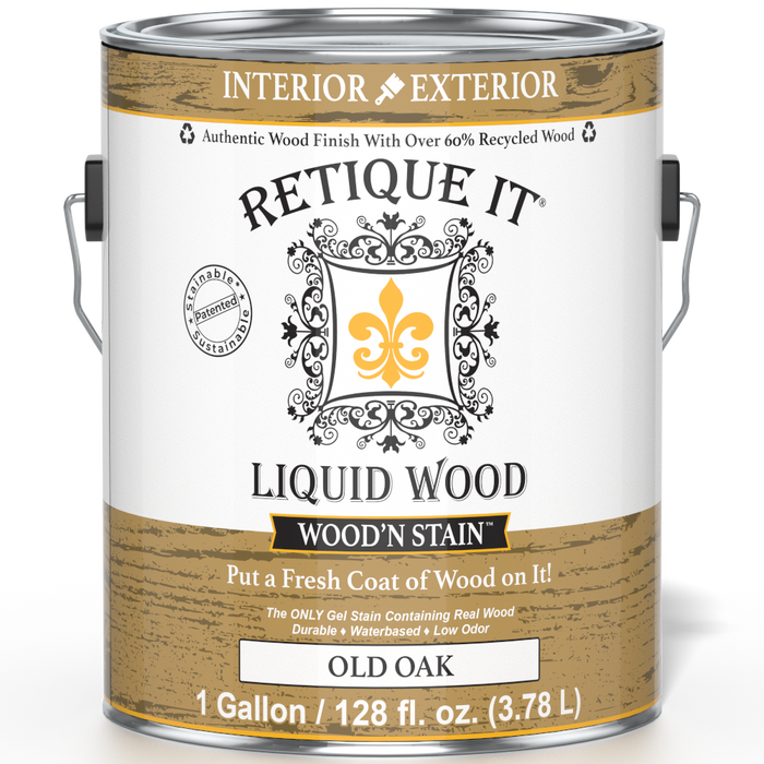 Retique It Liquid Wood Wood'n Stain in Old Oak, 128 oz, showcasing the front view of the stain container with branding and product label.
