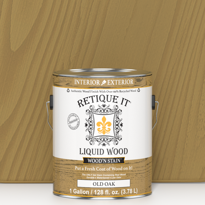 Retique It Liquid Wood Wood'n Stain in Old Oak, 128 oz, showing a container of stain with wood grain sample.