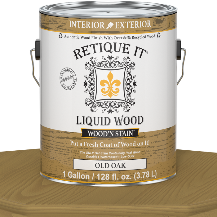 Liquid Wood Wood'n Stain in Old Oak color by Retique It, 128 oz bottle, showing the stain's natural wood finish and branding.
