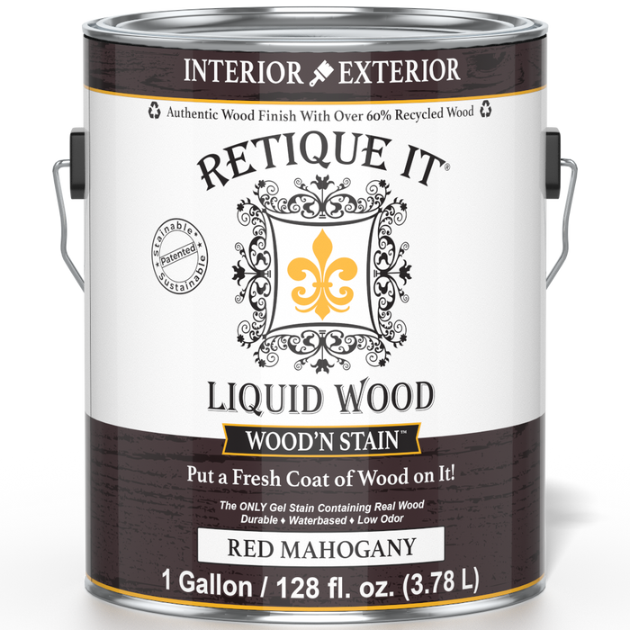 Liquid Wood Wood'n Stain by Retique It in Red Mahogany, 128 oz, showing the stain container with red mahogany color and product label.