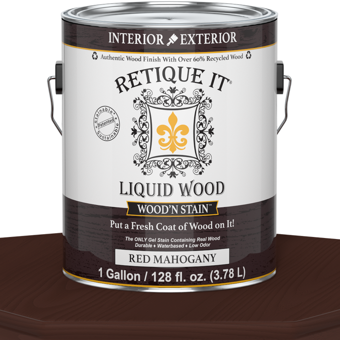 Liquid Wood Wood'n Stain in Red Mahogany by Retique It, 128 oz bottle, showcasing the rich stain color and container.