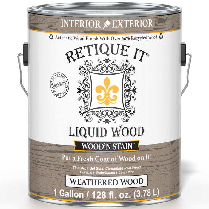 Retique It Liquid Wood Wood'n Stain in weathered wood finish, 128 oz bottle, shown in a front view with stained wood surface.