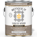 Retique It Liquid Wood Wood'n Stain in weathered wood finish, 128 oz bottle, shown in a front view with stained wood surface.
