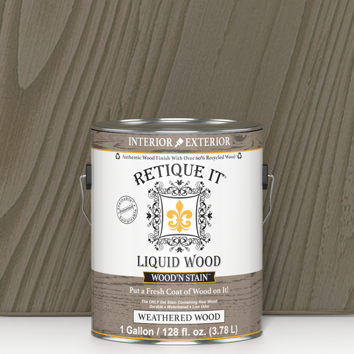 Retique It Liquid Wood Wood'n Stain in Weathered Wood, 128 oz jar, showing the stain's weathered wood finish and applicator brush.