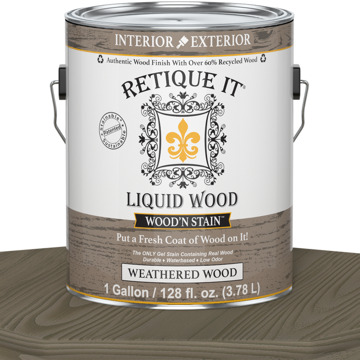 Retique It Liquid Wood Wood'n Stain in Weathered Wood, 128 oz, showcasing the stain applied to wood surface with a weathered finish.