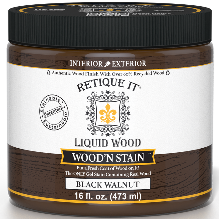 Retique It Liquid Wood Wood'n Stain in Black Walnut, 16 oz bottle, showing the dark wood stain application on a surface.