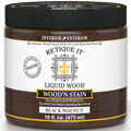 Retique It Liquid Wood Wood'n Stain in Black Walnut, 16 oz bottle, showing the dark wood stain application on a surface.