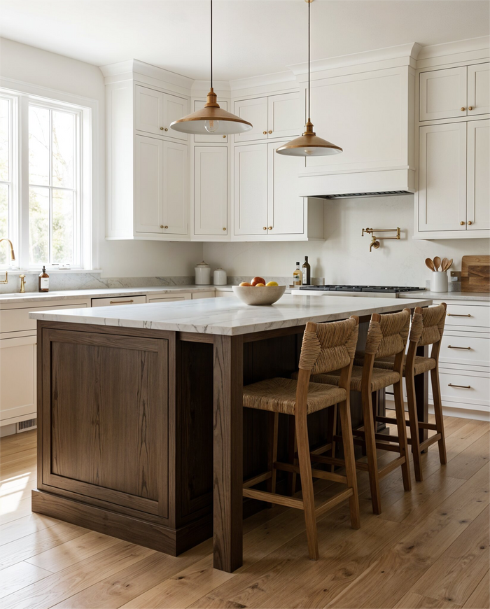 A bright, modern kitchen featuring a dark wood island with a white marble countertop and four woven-back bar stools. White shaker-style cabinets, brass pendant lights, and light wood flooring complete the scene.