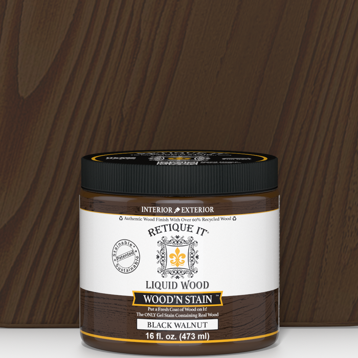 Retique It Liquid Wood Wood'n Stain in Black Walnut, 16 oz bottle, showcasing the dark wood stain product for furniture and crafts.