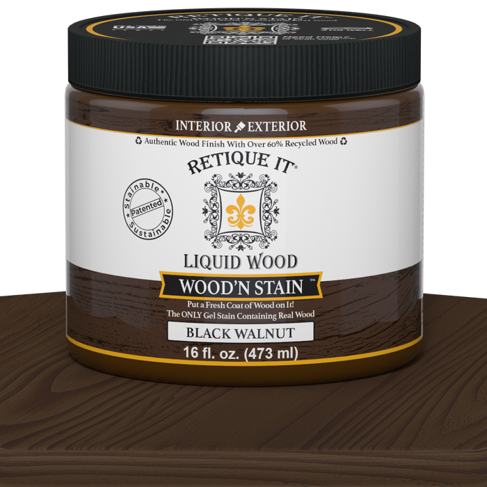 Liquid Wood Wood'n Stain in Black Walnut by Retique It, 16 oz bottle, showcasing the rich, dark stain color and wood grain application.
