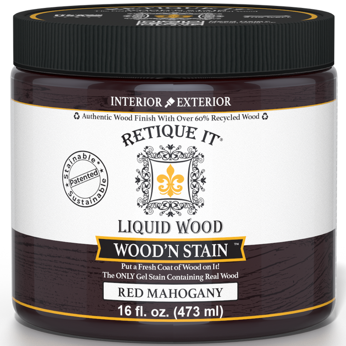 Liquid Wood Wood'n Stain by Retique It in Red Mahogany color, 16 oz bottle, showing the stain's rich red mahogany hue.