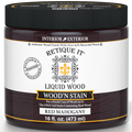 Liquid Wood Wood'n Stain by Retique It in Red Mahogany color, 16 oz bottle, showing the stain's rich red mahogany hue.