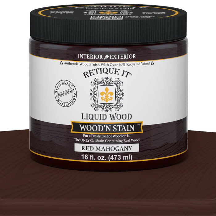 Retique It Liquid Wood Wood'n Stain in 16 oz Red Mahogany, showing a jar of wood stain with red mahogany color.