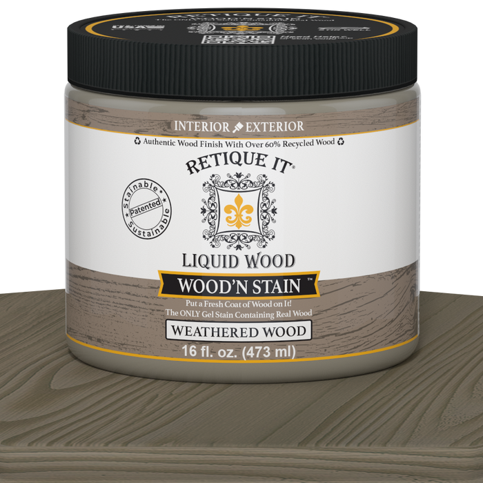 Retique It Liquid Wood Wood'n Stain in Weathered Wood, 16 oz, showcasing the stain's texture and weathered wood finish.