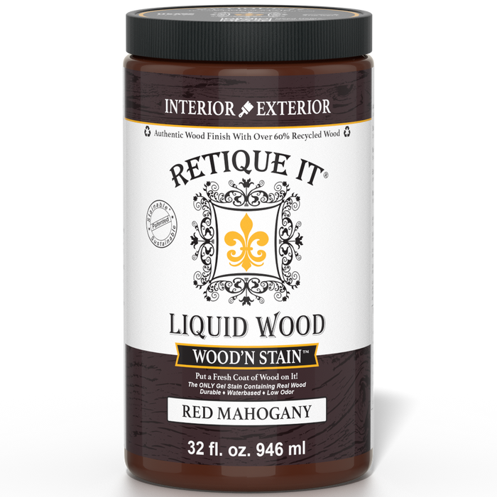 Liquid Wood Wood'n Stain by Retique It in Red Mahogany, 32 oz bottle, showing the stain's rich red mahogany color and product label.