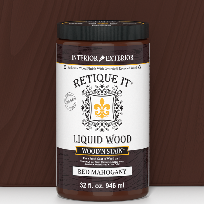 Retique It Liquid Wood Wood'n Stain in Red Mahogany, 32 oz bottle, showing the stain and wood surface ready for application.