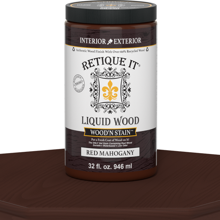 Liquid Wood Wood'n Stain 32 oz in Red Mahogany by Retique It showing the stain bottle with red mahogany color label.