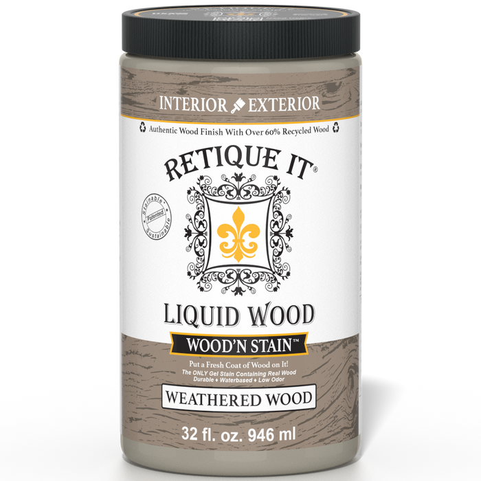 Retique It Liquid Wood Wood'n Stain in Weathered Wood, 32 oz, showcasing a natural wood stain with weathered finish.