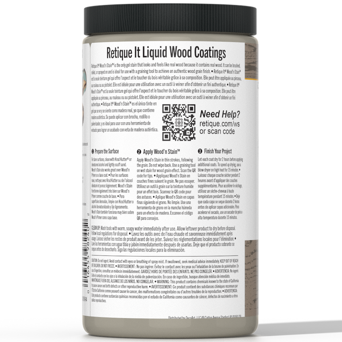 Retique It Liquid Wood Wood'n Stain in Weathered Wood, 32 oz bottle, showing the stain's weathered wood color and smooth liquid consistency.