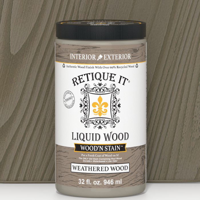 Retique It Liquid Wood Wood'n Stain in Weathered Wood, 32 oz bottle showing the weathered wood stain color and packaging.