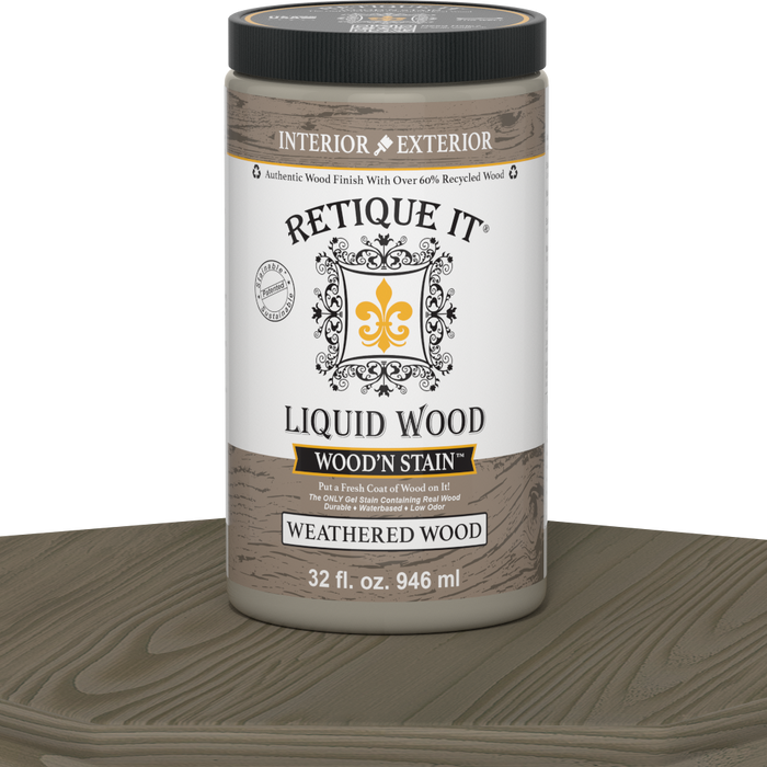 Retique It Liquid Wood Wood'n Stain in 32 oz Weathered Wood finish, showing a close-up of the stained wood surface.