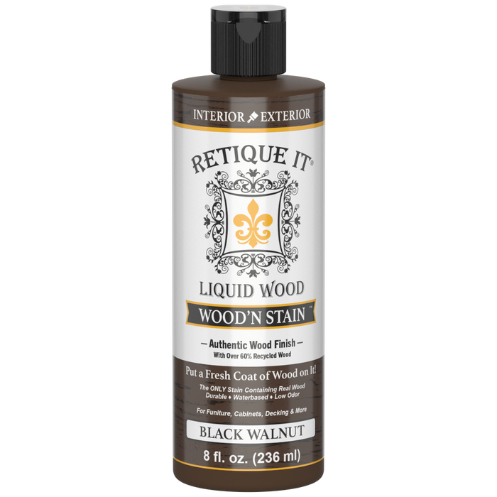 Retique It Liquid Wood Wood'n Stain in Black Walnut, 8 oz bottle, showcasing dark walnut wood stain for furniture and crafts.