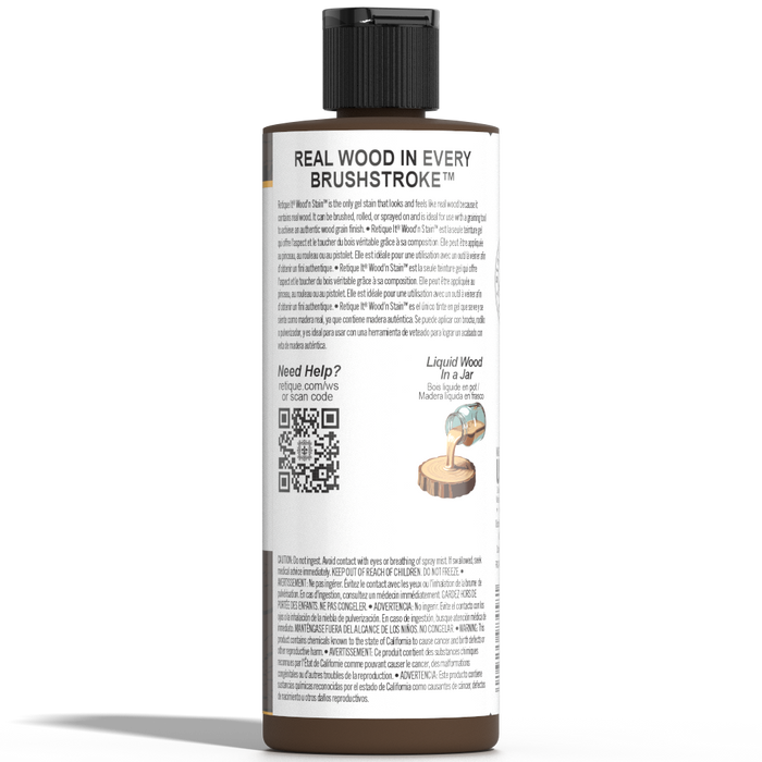 Retique It Liquid Wood Wood'n Stain in 8 oz Black Walnut, showing the dark stain applied to wood for a rich finish.