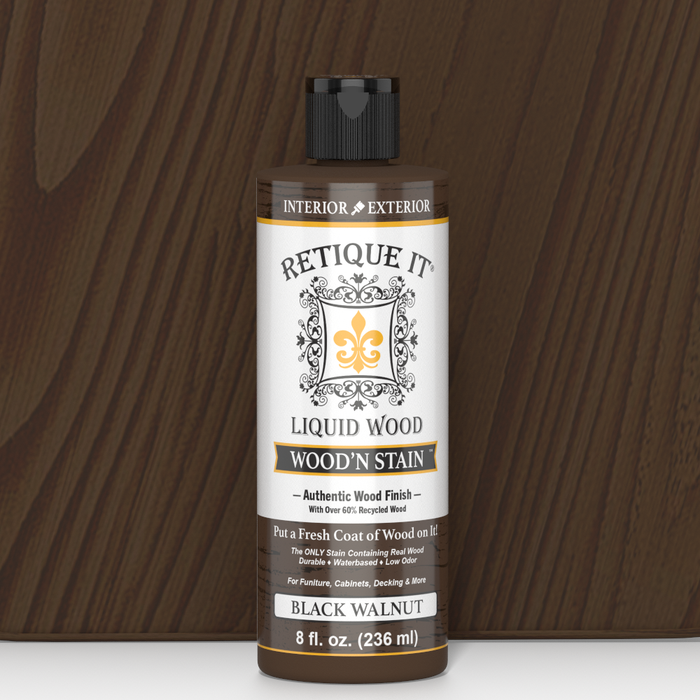 Retique It Liquid Wood Wood'n Stain in 8 oz Black Walnut, showcasing the dark brown stain color on a wood surface.