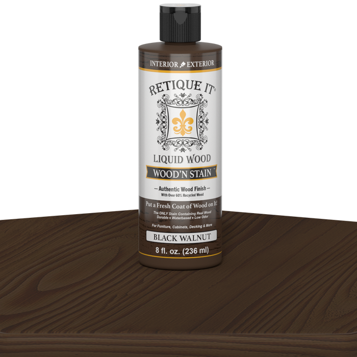 Retique It Liquid Wood Wood'n Stain in 8 oz Black Walnut bottle, showing the dark stain color and product label.