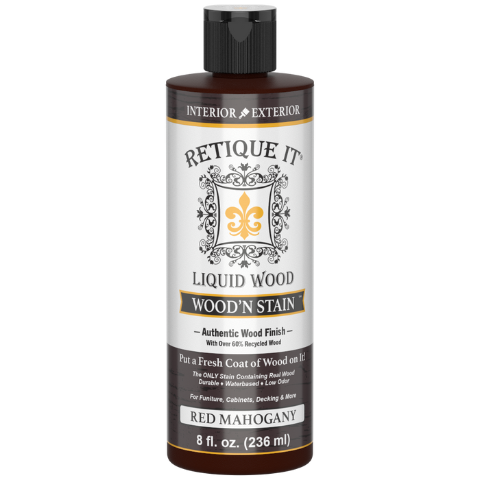 Liquid Wood Wood'n Stain in 8 oz Red Mahogany by Retique It, showing the rich reddish-brown stain and applicator brush.