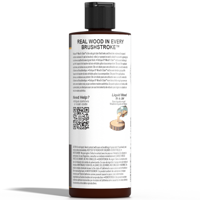 Liquid Wood Wood'n Stain in Red Mahogany color by Retique It, showing the stain bottle with a wood surface sample.