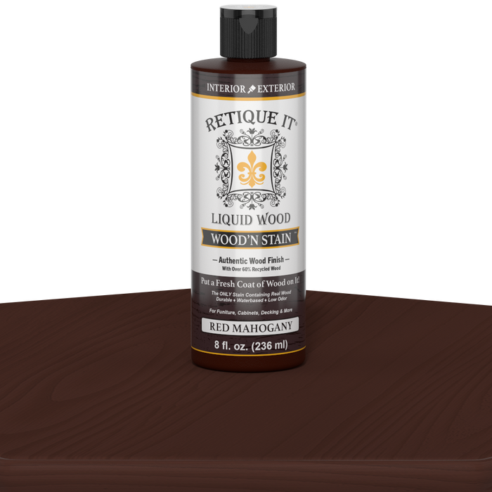 Retique It Liquid Wood Wood'n Stain in Red Mahogany, 8 oz, showing the stain's rich red mahogany color and applicator brush.