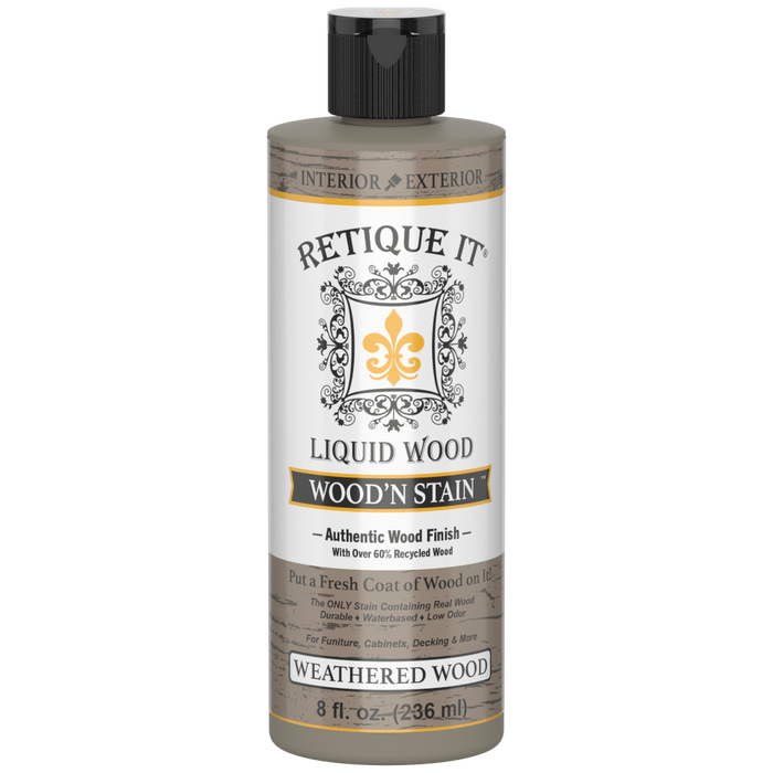 Retique It Liquid Wood Wood'n Stain in Weathered Wood, 8 oz, showing the stain applied to a wooden surface.
