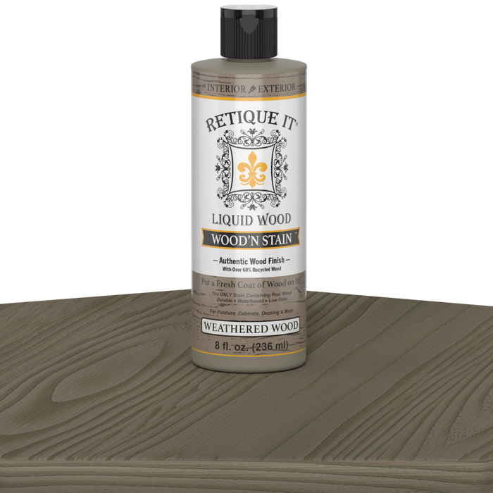 Retique It Liquid Wood Wood'n Stain in Weathered Wood, 8 oz, showing a sample of the weathered wood stain color and texture.