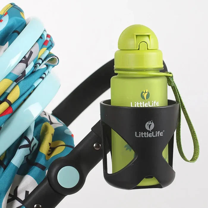 A Littlelife buggy cup holder installed on the side handle of a stroller with a water bottle held tight inside it