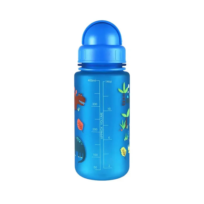Reverse shot of a Littlelife Kids Plastic Water Bottle in the blue dinosaur design showing the volume scales