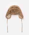 A tan fur hat with ear flaps on a white background #color_tan